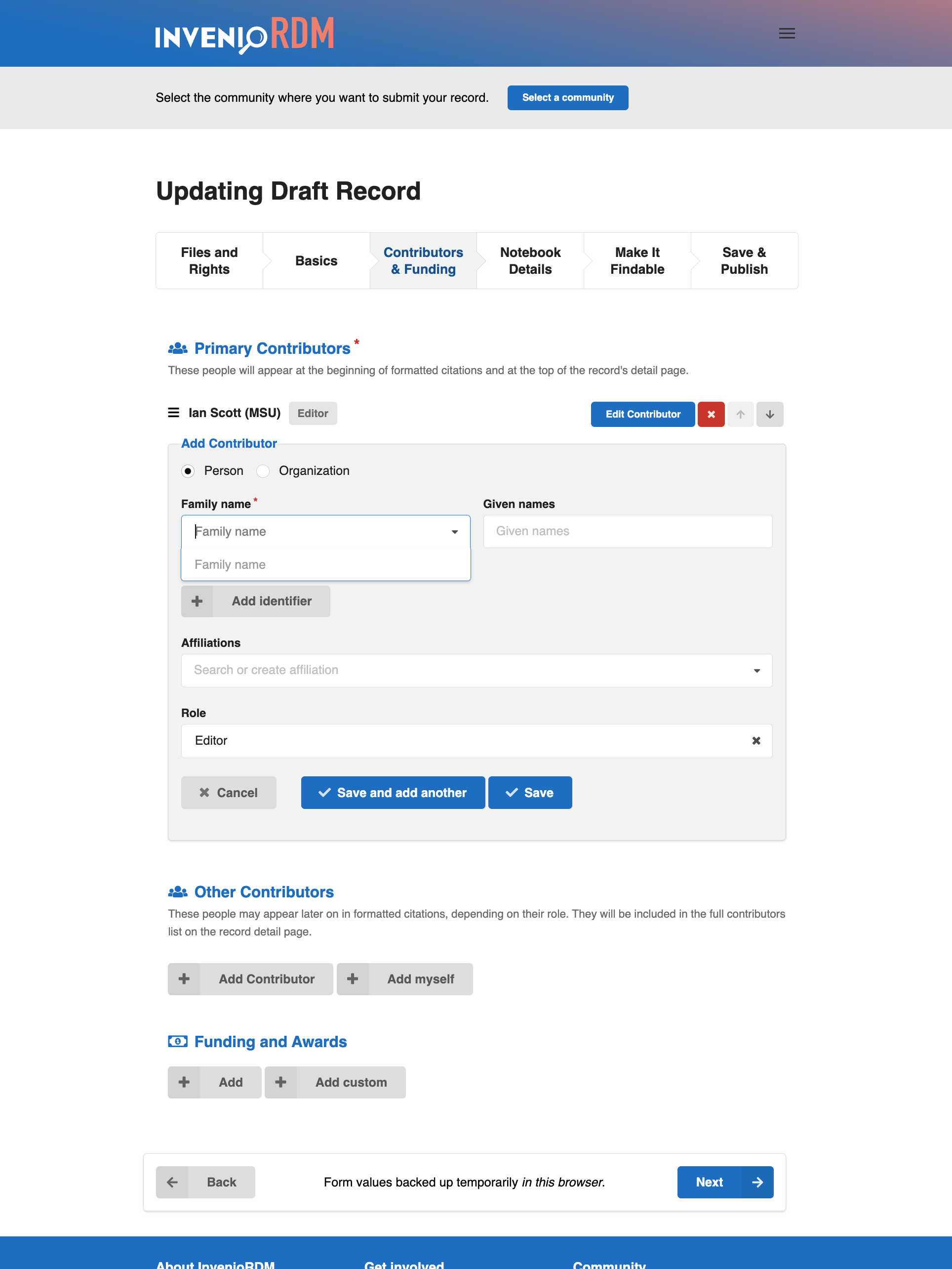Contributors and funding inline fields