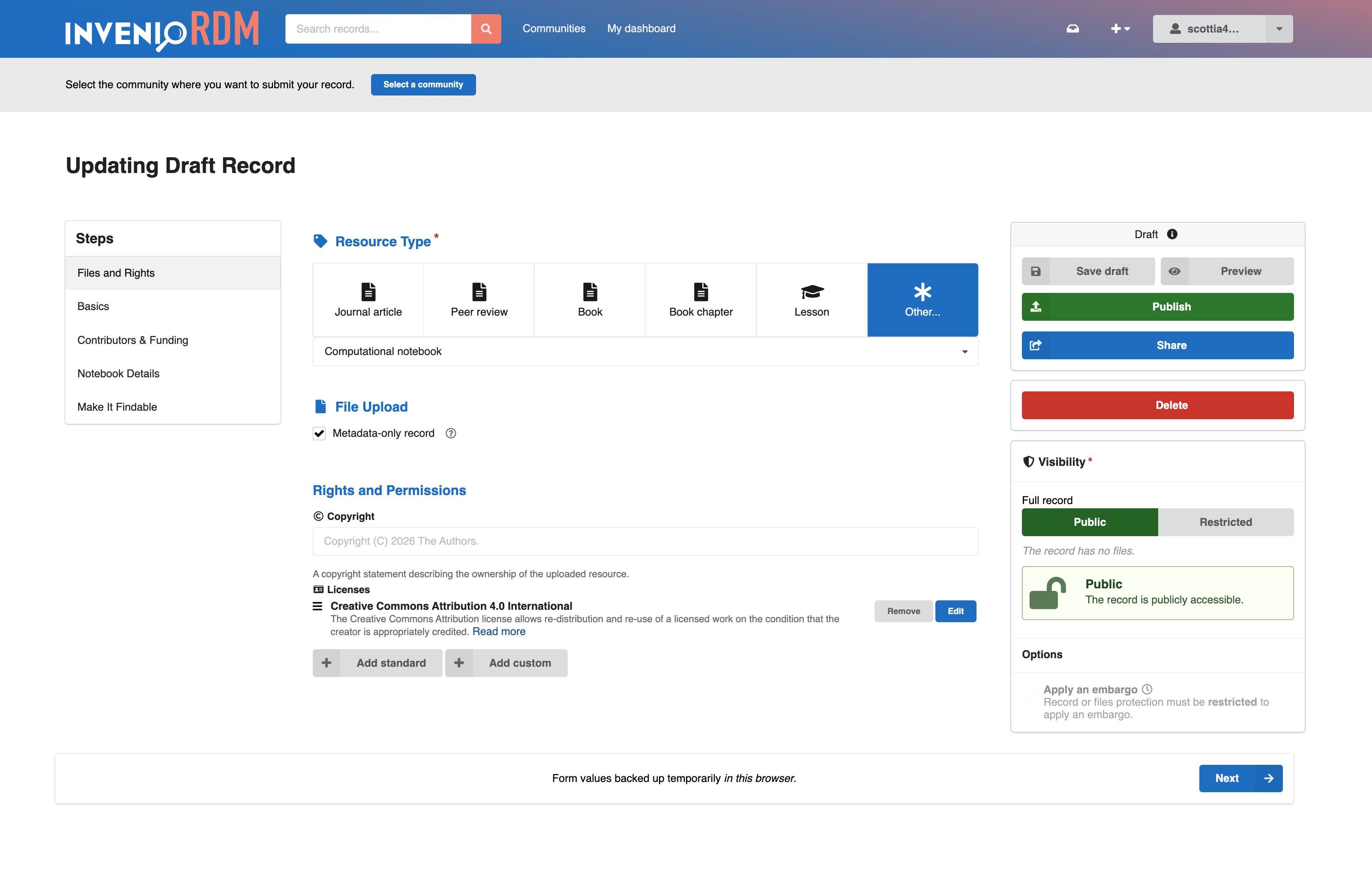 Deposit form extension displaying fields by resource type